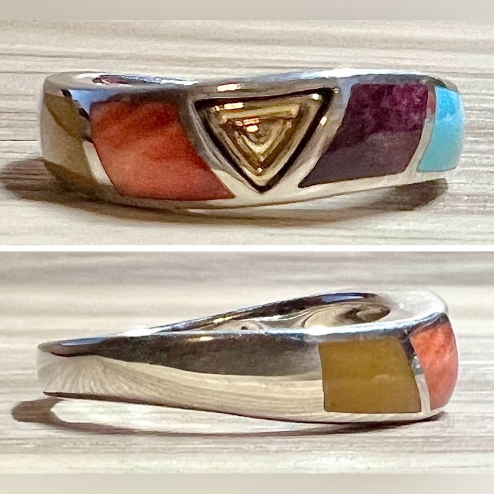Eric Grossbardt Sterling Silver & 18K Gold Multi Stone Inlay Ring, Size 8.75
